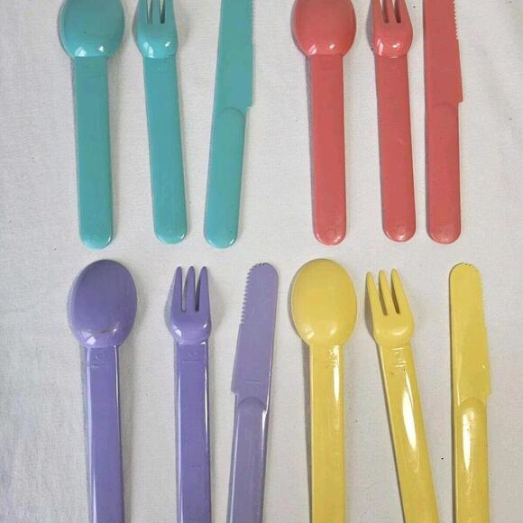 Vintage Swedish  Plastic Utensils Set. Picnic Camping Fork Spoon Knife Colorful - Picture 6 of 8